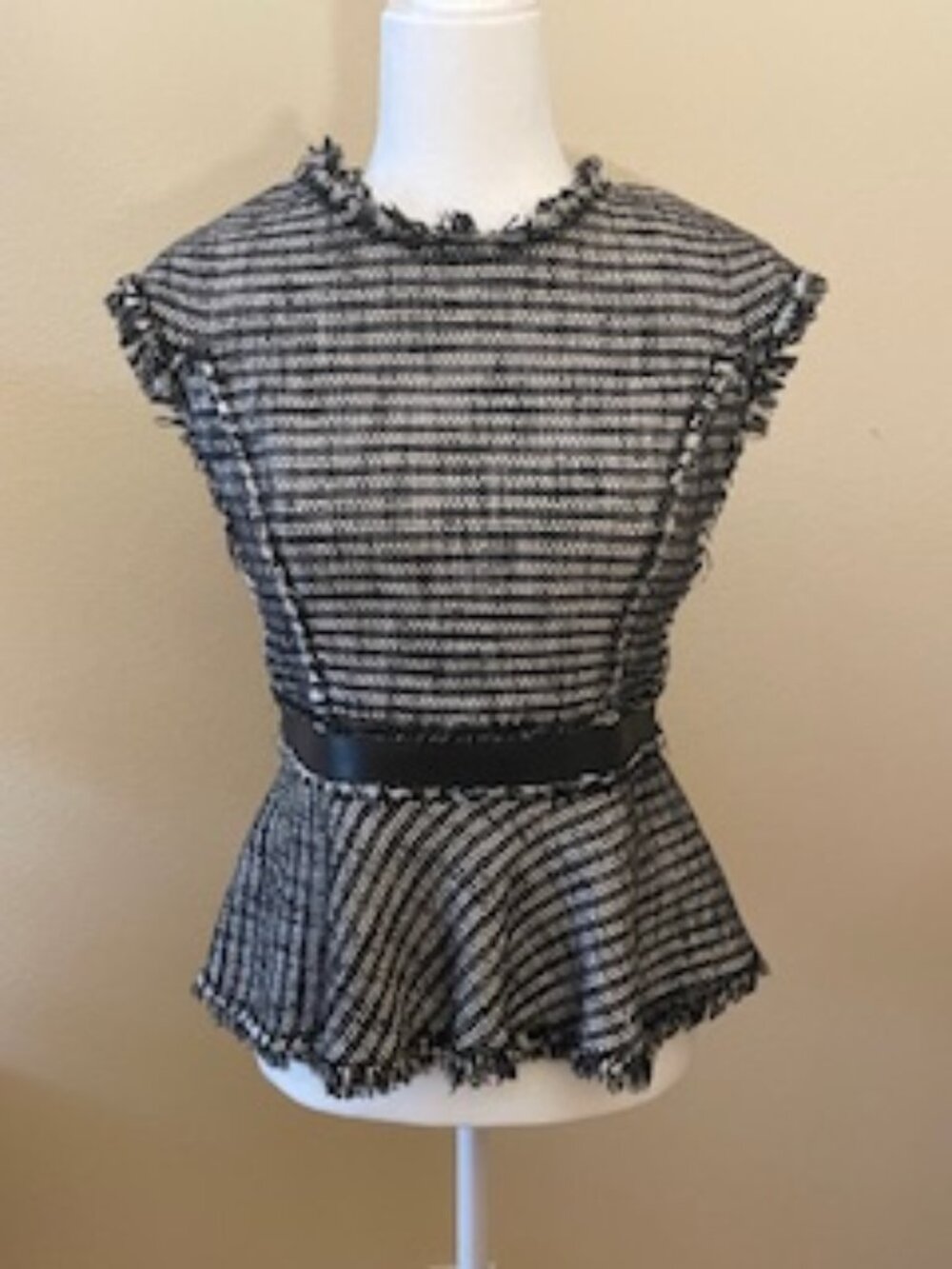 Rebecca Taylor Black/White Top with Leather Trim; Size 8.